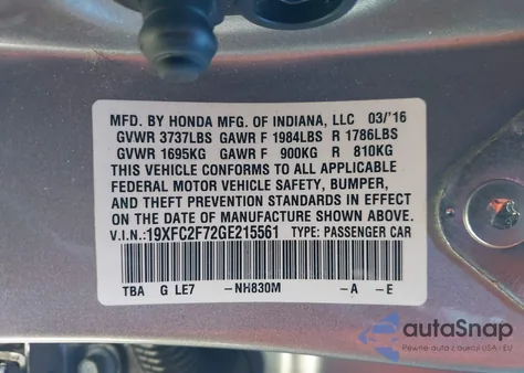 2016 Honda Civic Ex from USA, damaged, VIN 19XFC2F72GE215561
